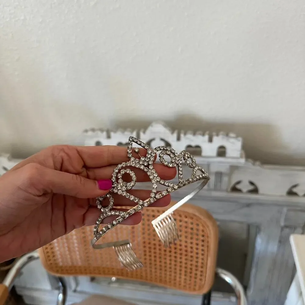 Vintage Rhinestone Silver Tiara Hair Comb Crown
